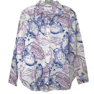 Las Surenas Amor Dragon Fruit Floral Linen Blend Button Down Shirt Purple Blue M